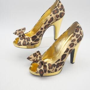 Coach Women's 8 Leopard Print Satin Peep Toe Gold Heels Daisey